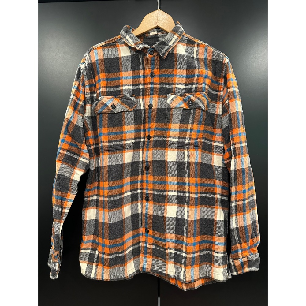 Patagonia Mens L Fjord Flannel Shirt Organic Cotton Plaid Orange Grey STY53947